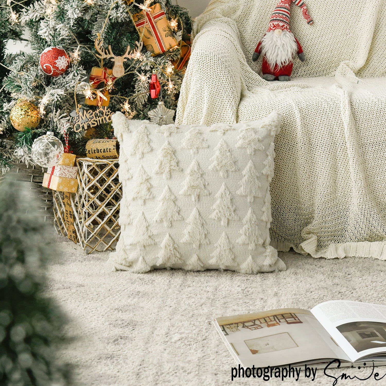 Beige Christmas Tree Soft Plush Faux Fur Pillow Covers 18X18 Inch Set of 2 Outdoor Sofa Holiday Festivals Winter Home Decor