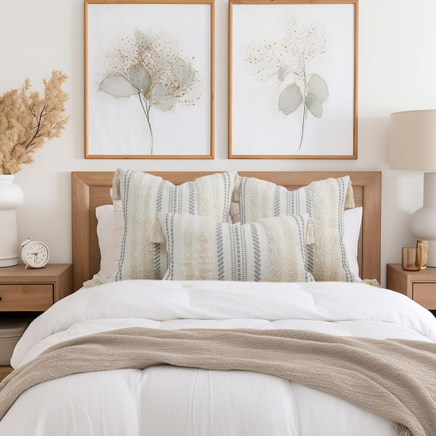 Decoruhome Decorative Boho Throw Pillow Covers 12X20 Set of 2, Lumbar Accent Neutral Textured Tufted Pillow Covers Striped for Couch Bed Sofa Living Room, Beige and Cream White