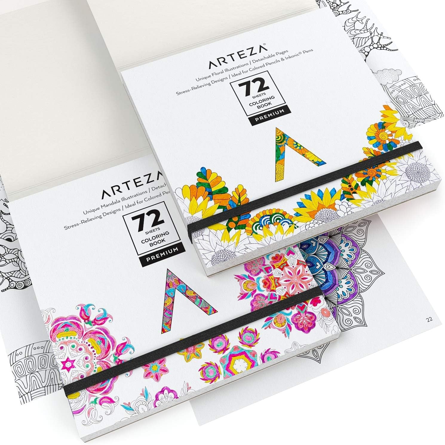 ARTEZA Adult Coloring Books, Floral & Mandala Designs, Pack of 2, 72 Sheets Each, 6.4X6.4 Inches Coloring Pages, 100 Lb Paper